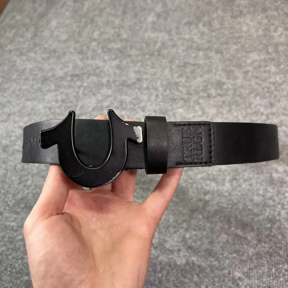 True Religion Belt Mens 36 Black Faux Leather Dress Horseshoe Logo Buckle